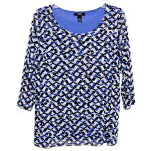 Alfani Women's Blue & Black Geometric Print Round Neck 3/4 Sleeve Top – Size: 0X